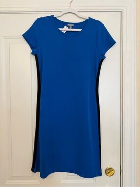 Talbots Cobalt Blue Short Sleeve Dress with Black & white stripe Side Panels